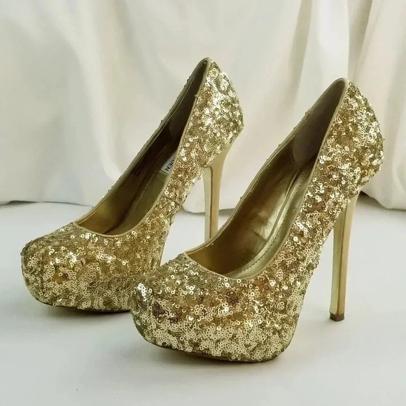 Steve Madden Size 6.5M Bitter Platform Gold Sequin Stiletto Heel Women's Pumps - Picture 9 of 12